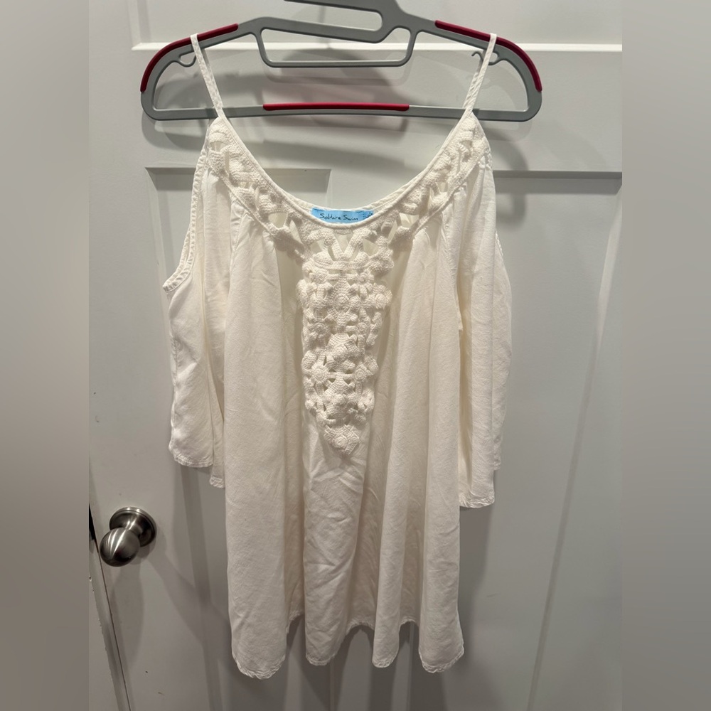 Solitaire Swim White Crochet Cold Shoulder Tunic Large Cotton Resort